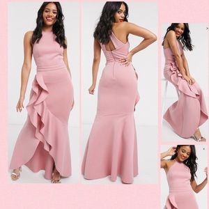 Pink Halter-neck, Ruffle, Maxi dress